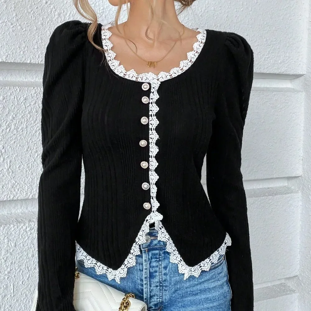 Black Preppy Womens Guipure Lace Trim Puff Sleeve Button Front Jacket - Picture 2 of 5